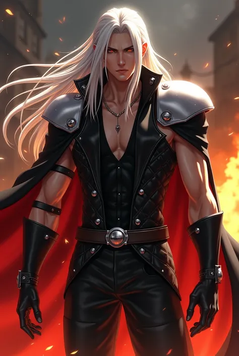 Sephiroth, final fantasy,  long white hair , leather cleft ,  white shoulder armor , sexy, full screen,  athletic,  cropped , Burning village background, anime