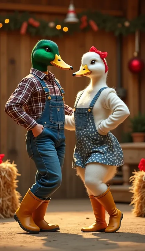 A highly realistic depiction of a couple with animal heads and human bodies. The male has a ducks head, featuring a vibrant green Mallard coloring, dressed in denim overalls, a plaid shirt, and rubber boots, while the female has a ducks head with soft whit...