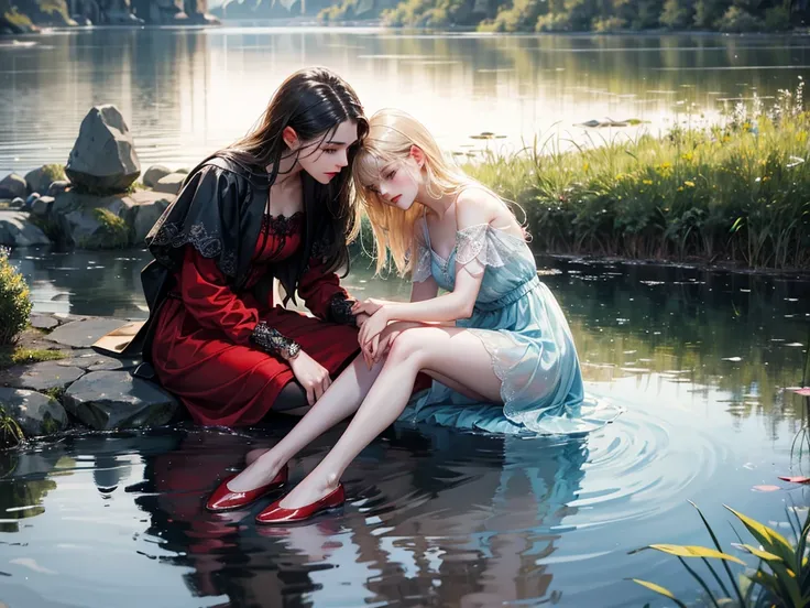 Create a moody, ethereal scene featuring two figures lying beside a dark pond, gazing into the water with expressions of longing or curiosity. They wear contrasting outfits: one in dark, edgy clothing with vibrant red footwear, and the other in a lighter, ...