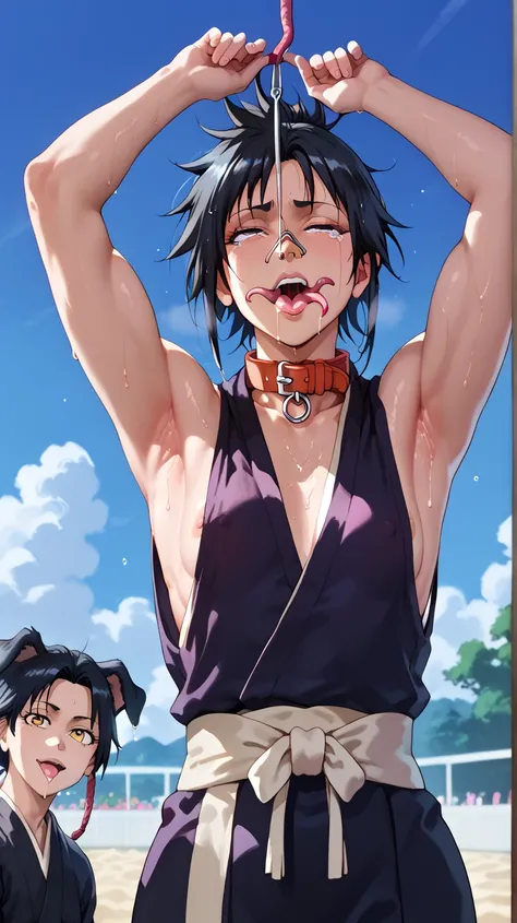 a picture, inspired by Kentaro Miura, trending on pixiv, soifon from bleach, black uniform, favorite scene, fine details, skins, sweating, small breasts, both hands raised, armpits, (small head),armpits visible, dripping with sweat, more more sweat, ((Japa...