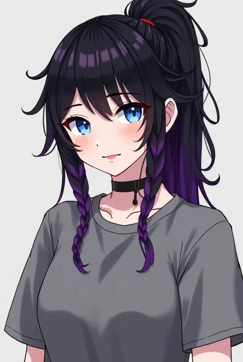 Her Name is Cassidy he is a 20 years old girl. Cassidy have black messy hair with a mix of dark purple Strähnen that is dyed she did it herself and Look good and have long hair that IS going bis back and she wearing a half small ponytail ON the Back of her...