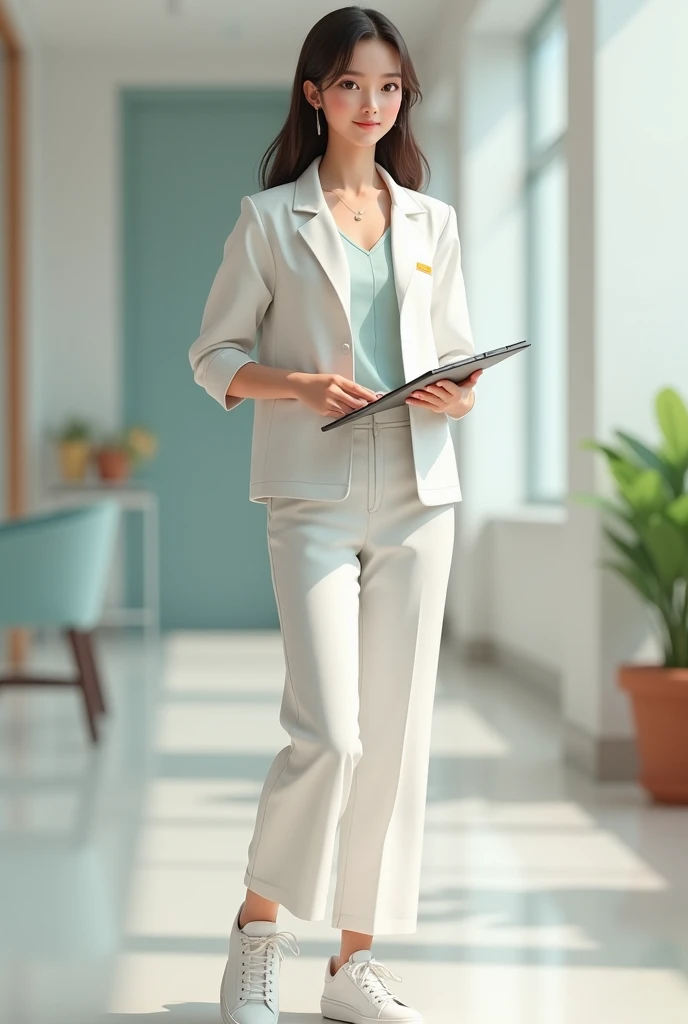  A girl in a nutritionist internship uniform ,  will be a white zip-up jacket with sleeves up to the elbow, V-neck and hip-length .  The pants will be made of fabric with and white sneakers 