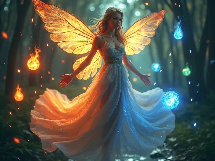 (best quality, 128k, highres, masterpiece:1.2), ultra-detailed, (realistic, photorealistic, photo-realistic:1.37), ((masterpiece)) ((photography)) ((Highest quality)) an illustration of a fairy embodying the four elements—fire, water, air, and earth. The f...