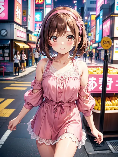 4K quality,cute,
brown eyes,Brown Hair,
30-year-old woman,1 person,small breasts,
pink blouse with open shoulders and lace,
black lace mini skirt,
pink hairband,
landmine fashion,
smile,short hair,Blurry Background,
Akihabara cityscape,
ピースサイン,