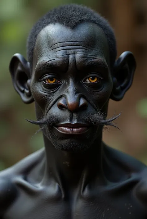 A black character with a very black complexion and a Homo-sappian-like appearance, a human ancestor, a stone-like appearance and a dirty body, big, muscular lips, and a handsome face with one tiny pussy mustache.