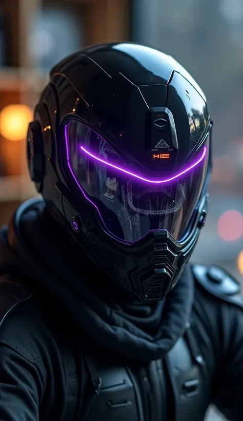 a helmet with no one ,  in futuristic black with great detail of the model ,  and his face glass shape model  "v" there is a purple line ,  in store a study desk in room ,  in the glass of the outer helmet it displays the gameplay of an fps game, 