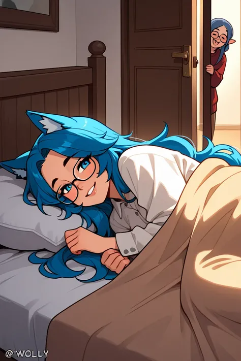 ,cute,Blue hair,Long hair ,the wolf girl,tall girl, Wear old peoples clothes,Lying on the bed, covering the blanket, smiling slyly,glasses,looking at the door