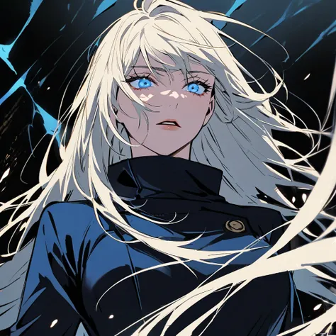 Jujutsu Kaisen  comics panel of female. she has light blonde long hair and blue light eyes. she is wearing Jujutsu Kaisen dark blue uniform,and have wind cursed  