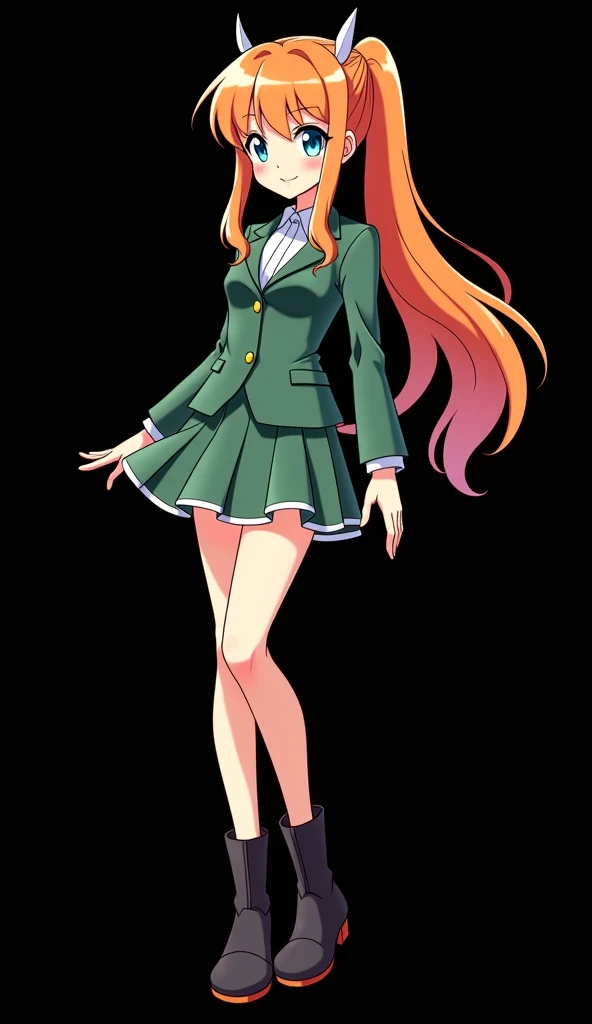 Female character in the style of Spy X Family created by Tatsuya Endo and designed by the TOHO 2D 8K studio, a young girl with a slender and beautiful full body, long fire-colored orange hair and very smooth with two highlighted white locks that descend th...