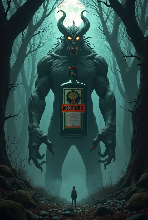 Jagermeister bottle monster in the forest at night different photos