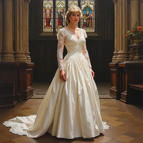 Princess Diana wearing queen elizabeths wedding gown. Masterpiece. Realistic. High detail. Westminster Abbey. 