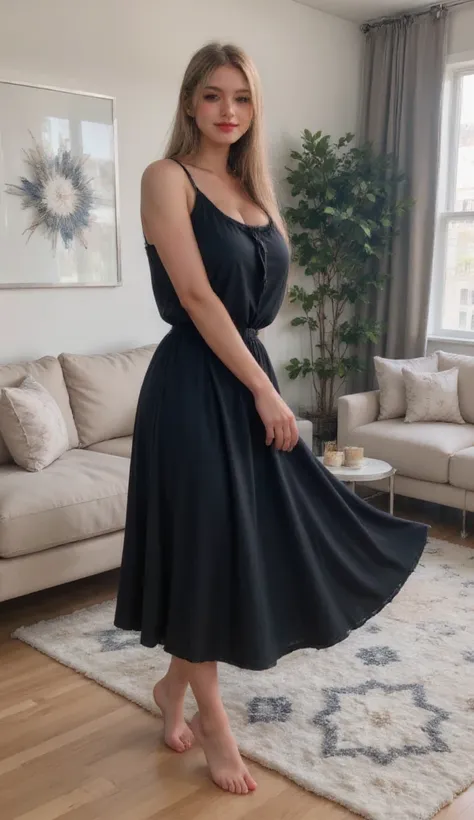 "A beautiful and graceful woman danced gracefully in a modern and stylish living room. She wore a flowing, form-fitting sexy or revealing dress that accentuated her movements sultryly, and her hot poses exuded confidence and charm. The room was well lit wi...