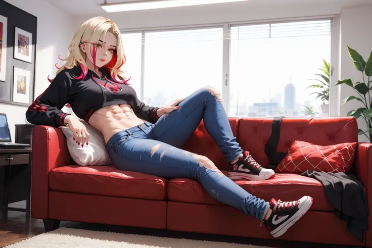 1girl, multicolored_hair, blond_hair,(blond_hair: 1.2), (red_hair_highlights: 1.5), piercing_amber_eyes, wearing_a_cropped_black_hoodie_with_flame_logo, toned_abs_visible, ripped_jeans, sneakers, standing_in_a_dorm_room_with_scattered_bags_and_laptops, cas...