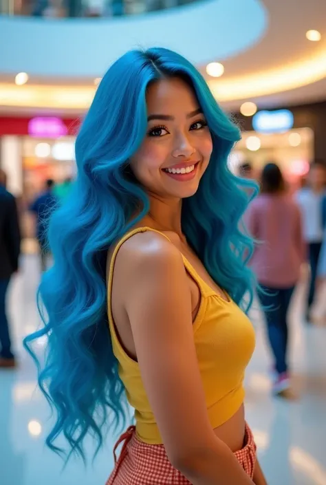 A stunning influencer, identified by the username 867933467, stands confidently in a modern shopping mall, showcasing her striking beauty with vibrant blue, effortlessly curled hair that cascades down her back. Her smooth, glowing skin radiates a warm, gol...