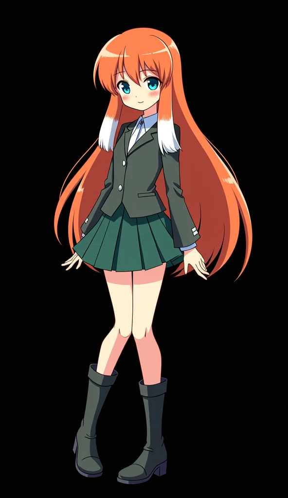 Female character in the style of Spy X Family created by Tatsuya Endo and designed by the TOHO 2D 8K studio, a young girl with a slender and beautiful full body, long fire-colored orange hair and very smooth with two highlighted white locks that descend th...