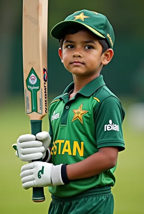 a boy hold bat wear Pakistan cricket team shirt 2024 