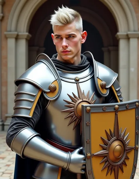 Portrait of a boyish but rugged, heavily muscled, pug nosed, angular faced 18 year old northern European male fighter in breast-plate armor showing biceps and has a sun insignia. He has short length, undercut, spikey, bright silver colored hair, holding a ...