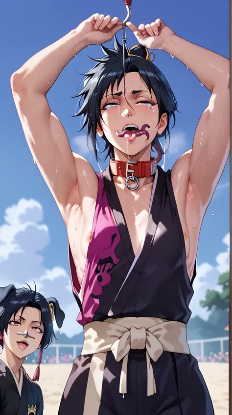 a picture, inspired by Kentaro Miura, trending on pixiv, soifon from bleach, black uniform, favorite scene, fine details, skins, sweating, small breasts, both hands raised, armpits, (small head),armpits visible, dripping with sweat, more more sweat, ((Japa...