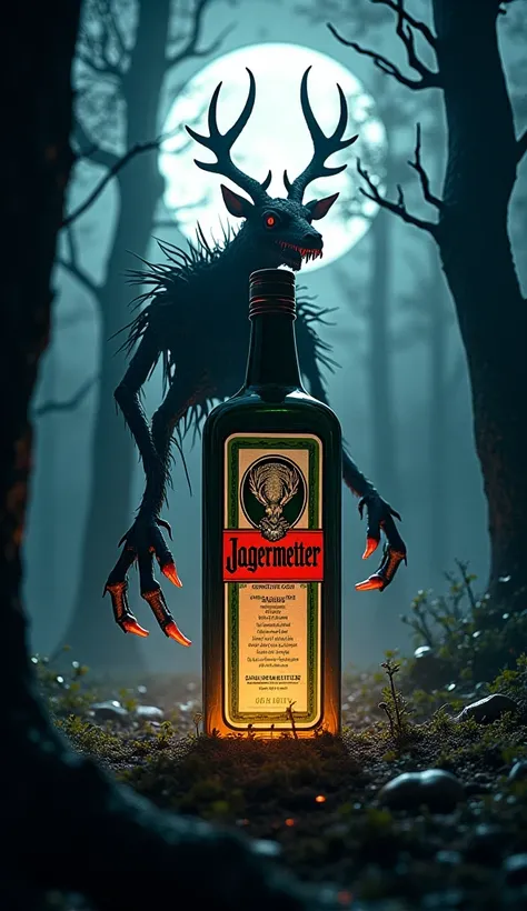 Jagermeister bottle monster in the forest at night different photos