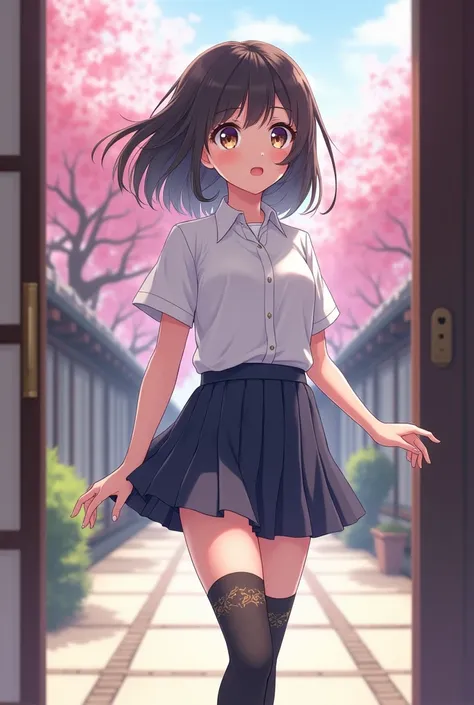 Anime Japanese school girl wearing short sleeves,skirt above the knees,long socks