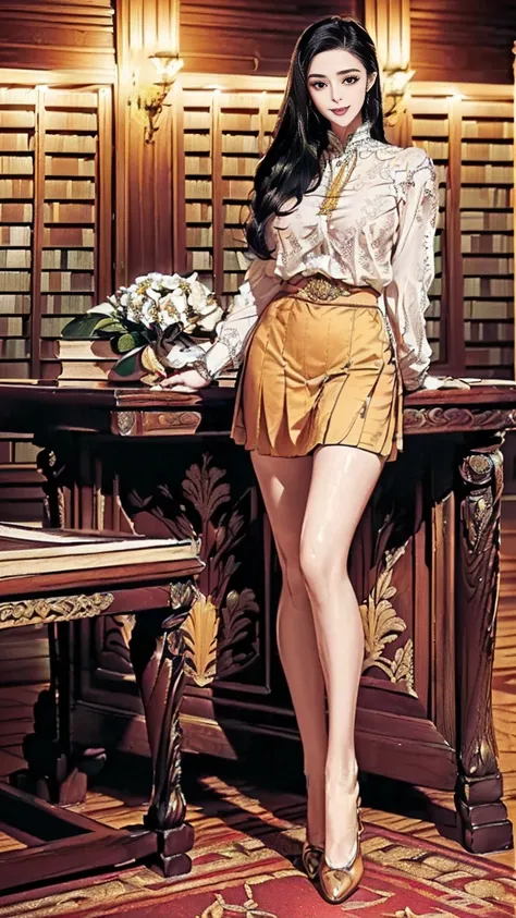 (best quality:2.0), (extremely detailed:2.0), (highly detailed:2.0),(Shirasagi Shiya, the graceful and elegant student council president, standing in the lavish student council room filled with ornate furniture and soft golden light, her poised expression ...