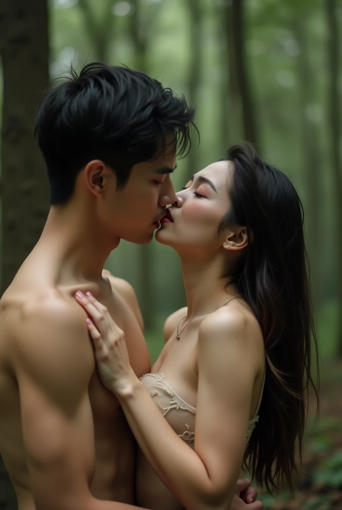 Romantic couple, a chinese woman, furrowed eyebrows, closing eyes, open mouth kiss vagina oral sex, face facing upwards, in (Versace Barocco) no shirt, .((natural big breast, show plump body)) behind her there is a young korean man hugging her. wet hair. i...