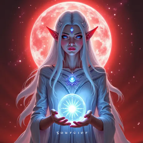 an image of a Mystic Elf Silver or moonlit blue hair, cascading down their shoulders.
Eyes that shimmer like gemstones—amethyst, sapphire, or glowing white.
A flowing robe or cloak adorned with celestial patterns like stars or runes.
A staff or crystal orb...