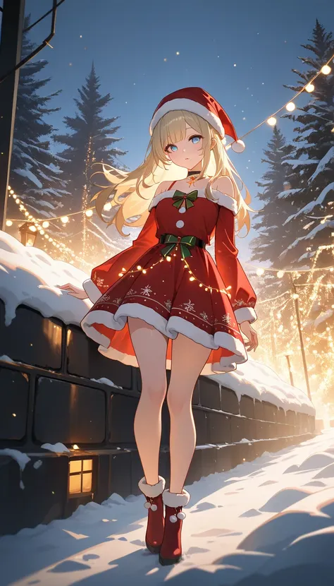 detailed Christmas outfit, full body shot, from head to toe, 1girl, beautiful detailed eyes, beautiful detailed lips, extremely detailed face, longeyelashes, cute holiday dress, Santa hat, Christmas lights, fairy lights, snow, winter landscape, (best quali...