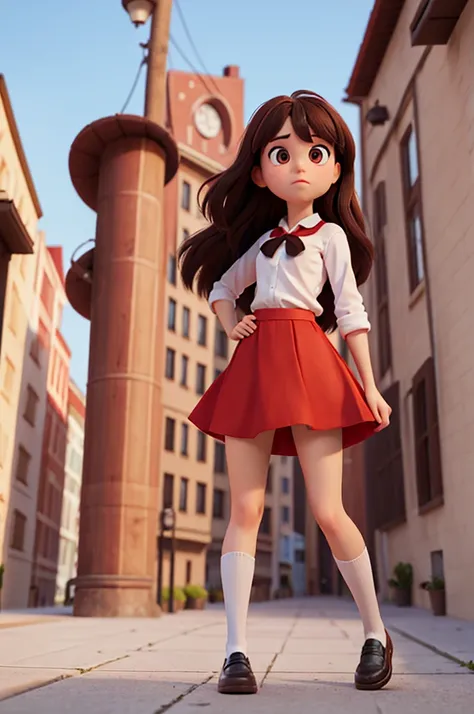 make into pixar style! A character full body! Being an adult girl having long dark brown hair and eyes wearing a white shirt black vest red tie and red skirt having white socks Covering  the knees and black shoes 