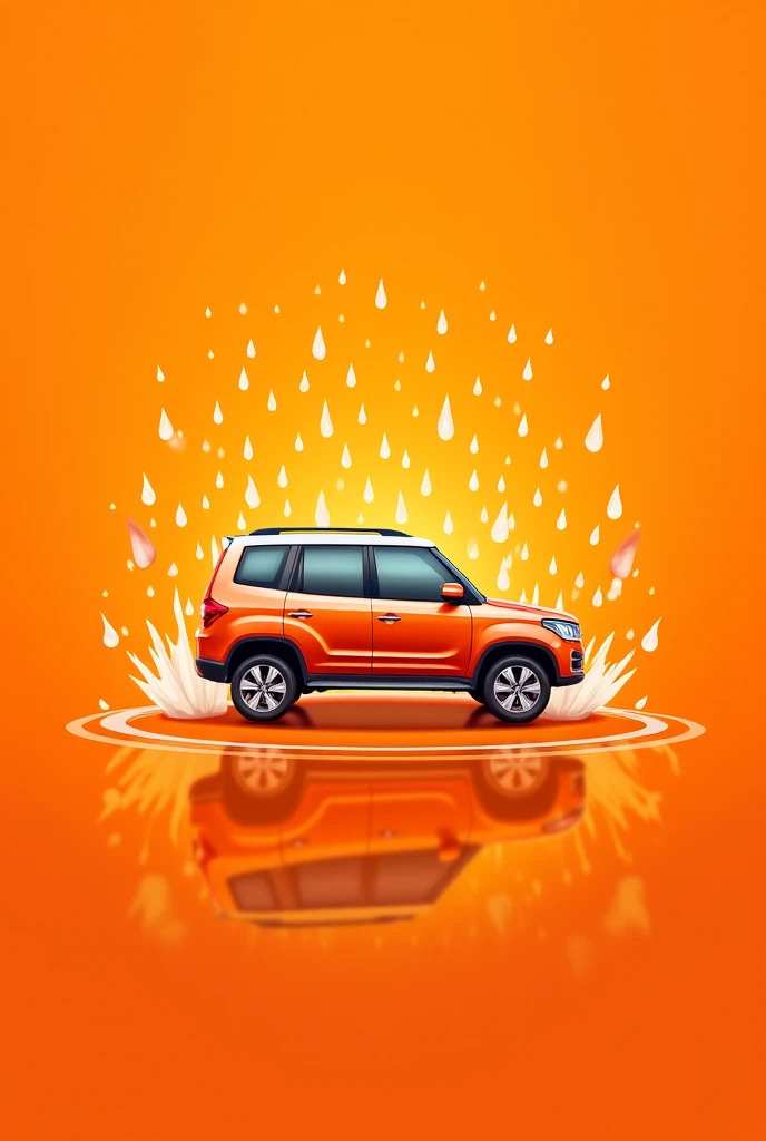 Logo on an orange background with a pattern of droplets falling on a car wash car