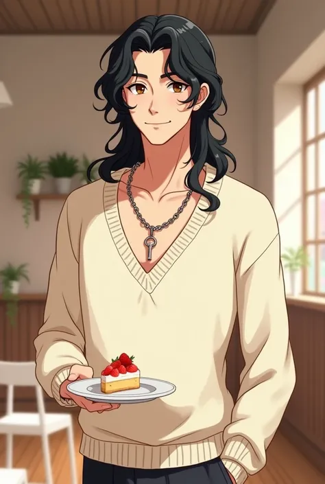 A digital illustration of a man around 28 years old, with wavy long black hair that reaches his shoulders, amber eyes, and pale skin. He is very noble and elegant looking. He is wearing a white sweater with a deep v-neck, and a thick silver necklace with a...