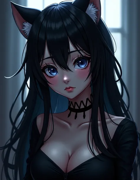  black hair、 wolf cut、 has big eyes、 small tits、 yandere 