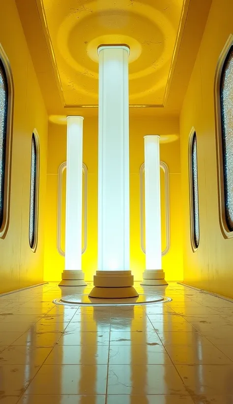 LEDs cyber punk tunnel center three pillars neon gold metallic, Color yellow 0.1%, three white pillars neo , three laterally long windows with neon white glitter, Contrasted BLUE