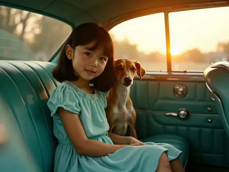 "A hyperrealistic photograph in 35mm film of a little  girl with black hair sitting in the back seat of a vintage 1960s car.  
The image is from the front of the back seat not from the side of the car, without the steering wheel. She is accompanied by her ...