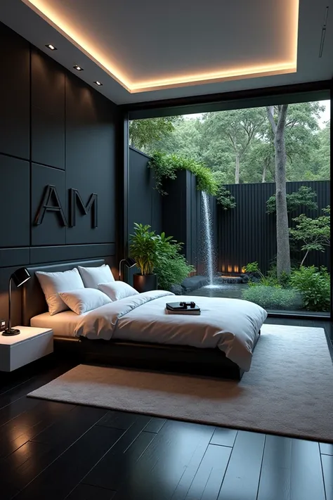  Bedroom with Modern shades , futuristic and sophisticated , With a black wall There is a 3D wall decoration.  Titanium Black ,written :"ANM ".  decorated with white LED lights ,black wooden floor , there is a white bookcase ,white table , LED TV and a gam...