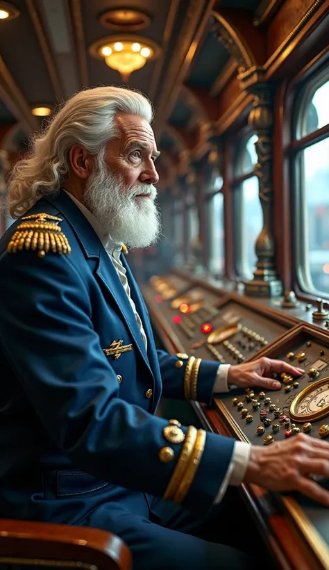 A majestic scene of a luxurious antique train captained by Zeus from the game Olympus 1000. Zeus appears as an elderly, wise, and commanding figure, dressed in an elegant captains uniform with a lightning bolt logo prominently displayed on his jacket. He i...