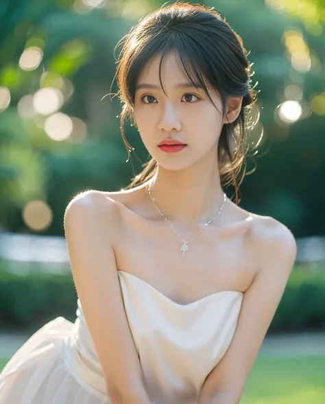 (sweat:0.7),Light yellow wedding dress,white short skirt,woman,vietnamese ,exquisite face, beautiful face,bare shoulders,shoulders slightly exposed,translucent skin,black eyes,black hair,(photorealistic:1.4),realistic details, high resolution,bokeh,outstan...