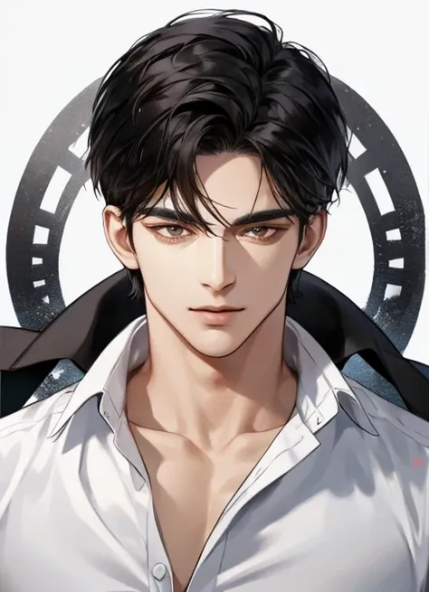 mafia, handsome, A man, short jet black hair, brown eyes, white shirt, close up look.