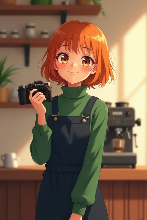 A digital illustration of a of a young girl around 18 years old, with short orange hair and light brown eyes, wearing a green turtleneck sweater and a navy apron. She stands in a coffee café, holding a camera in one hand, she is winking and has a mischevio...