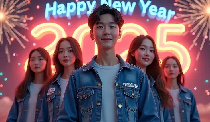 
 Draw the atmosphere of the New Year 2025 with a group of young people full of energy and spirit.  They wore casual blue denim uniform clothes . In the picture,  there was one man and four women who were the main focus :

1.  Korean Man Handsome face with...