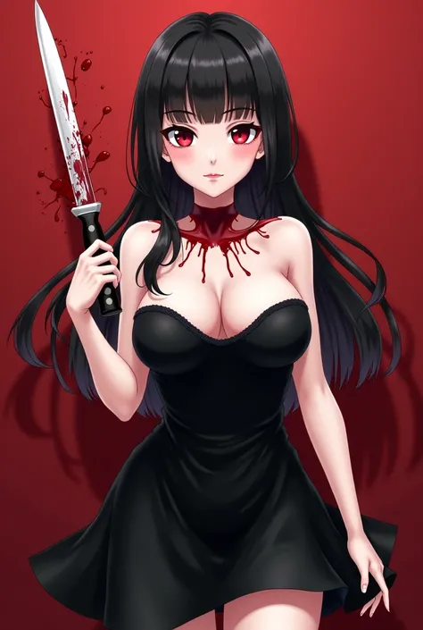  Beautiful young lady,  white skin ,  red eyes , straight black hair with fringe , voluminous breasts, wearing a sexy black dress ,  and with a large neckline highlighting the breasts,  holding a sharp knife with stained blood ,  full body photo facing the...