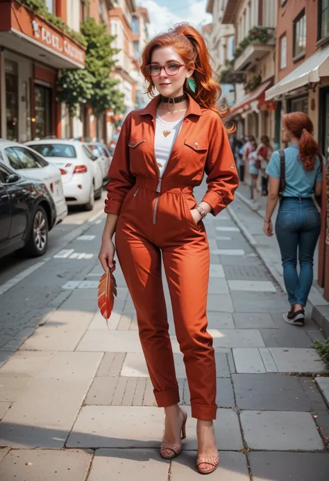 Kate Walsh, redhead long hair, ponytail, soft curves, glasses, collar, red unzipped jumpsuit, blushing, freckled, feather earrings, very detailed neckline, full body photo