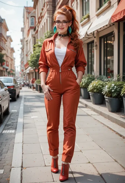 Kate Walsh, redhead long hair, ponytail, soft curves, glasses, collar, red unzipped jumpsuit, blushing, freckled, feather earrings, very detailed neckline, full body photo