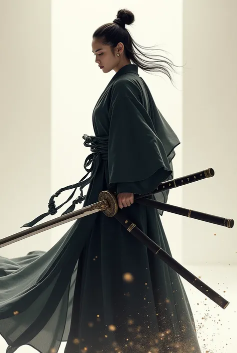 A breathtaking portrayal of the modern samurai spirit. Each detail, from the flowing robes to the poised katana, speaks to the balance of grace and power. Immerse yourself in the artistry of tradition reimagined, action pose ,medium closeup shot