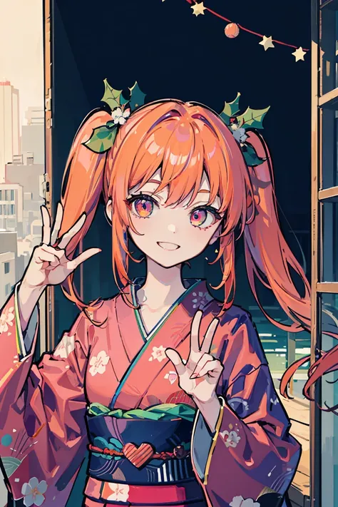  1 girl, , (kimono, Festive attire, Long-sleeved kimono), winter, smile, peace sign, Colorful clothes,   orange hair,  long hair,  twin tails, 明るいsmile, ribbon, pink eye, ((Heart Eye)), stage, Pale background,,  colorful hair ,  messy hair, Tonality, Roman...