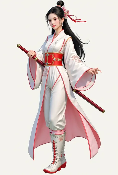 Prompt: Make the female character look full-bodied with long black hair, partially braided on both sides and tied at the back with a simple cherry blossom ribbon. His face is oval with large dark brown eyes. Her makeup was natural, and she wore classic lon...