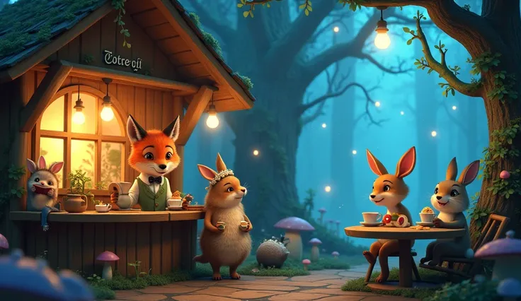 A whimsical café in the middle of an ancient forest, with glowing mushrooms and bioluminescent vines wrapping around the wooden structure. A fox in a tiny vest and bowtie serves coffee to a group of forest creatures sitting at rustic wooden tables. The pat...