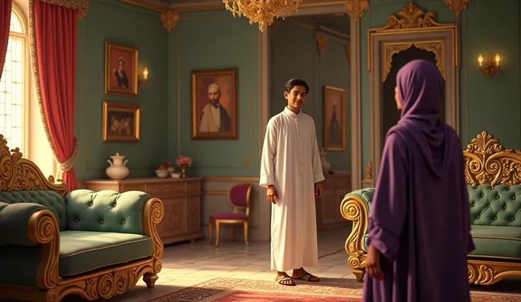 Yusuf is shown standing in a lavishly decorated living room with golden and green furnishings. He wears simple but clean attire. Al-Aziz smiles proudly while giving instructions, and his wife, Zulaikha, wearing a purple silk hijab, gazes at Yusuf with grow...