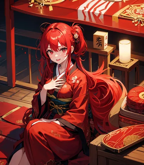  red hair　 vampire red eyes 　Long-sleeved kimono　Flashy pattern　kimono　 New Year　Japan　and　 sitting upright　I have alcohol　Mysterious　 celebration　　 Laughing 　 and my hair is tied
