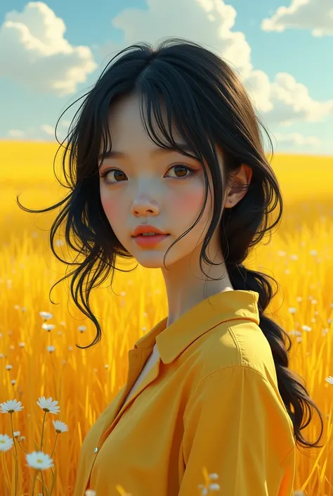 smiling girl fotorealizm błyszcząca skóra , czarne krótkie poszatpane włosy seductive look,there is a digital painting a yellow and white field, 4k highly detailed digital art, 4k detailed digital art, detailed fantasy digital art, digital art 4k unsettlin...